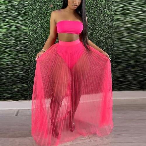 Swimsuit Women Strapless Bikini Set Summer Sexy Crop Tops Pleated Gauze See-Through Maxi Skirts Two Pieces Beach Swimwear Bikini