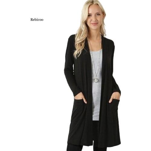 Women Solid Cardigan Female Middle Length Autumn Long Sleeved Thin Loose Coats Outwear Pocket Women Cardigan Long