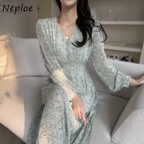Neploe Breasted Pleated Long Robe Korean Chic Autumn Elegant V-neck Vestidos Slim Waist Long Sleeve Texture Dress for Women