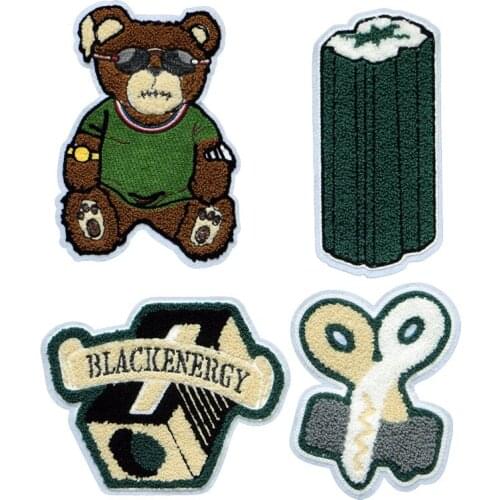 1 piece Sewn Garment Patch Fashion Lovely Chenille Towel Embroidery Bear Scissors Badge Down Jacket Garment Bag T-shirt DIY