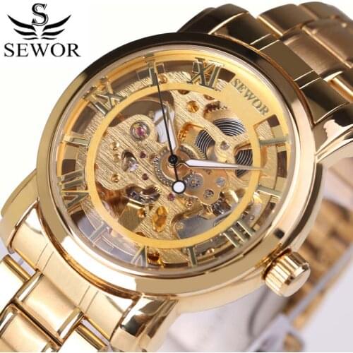 2018Sewor Top Brand Luxury Men Sports Automatic Watch Skeleton Watch Wristwatch Classic Transparent Full Golden Mens Watches