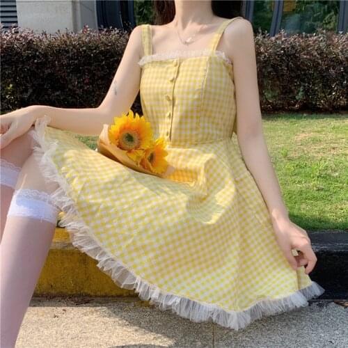 2021 summer sweet suspender dress lemon cute female yellow plaid dresses japanese mori girl backless dresses