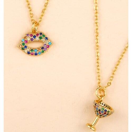 Lips cup multicolor crystal micro pave cz zircon cubic zirconia necklace silicone Clavicle Snake Chain Choker Pendant