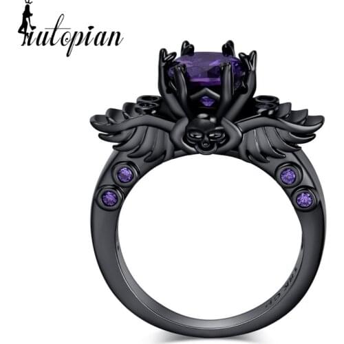 Iutopian Brand Black Wing Skull Ring with AAA Purple Zirconia Plated Party Jewelry #UR623