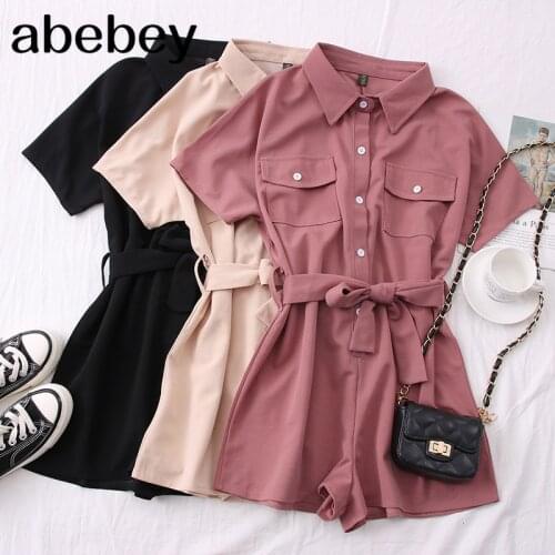 2021 New Summer Fashionable All-match Polo neck Jumpsuit waist closing bandage short sleeve Jumpsuit wide leg Pants Cargo Pants