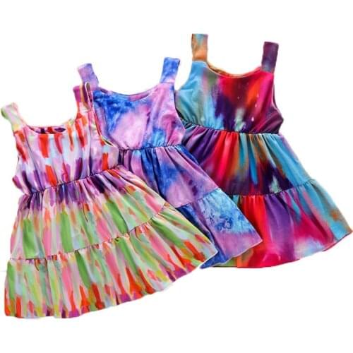 Summer Kids Baby Girls Dress Watercolor Striped Print Sweet Sleeveless Pleated Dresses Holiday Girls Boho Swing A-line Sundress