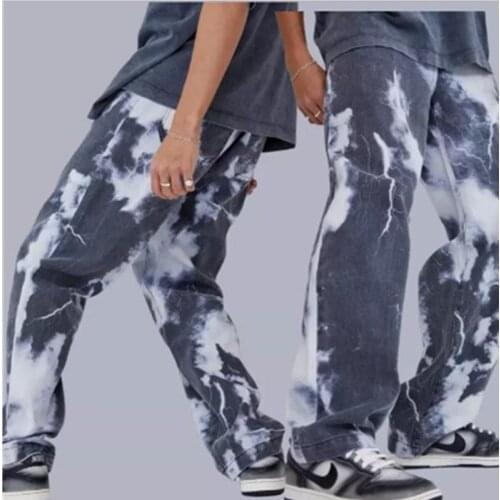 Mens Tie-Dyed Lightning Print Denim Straight-Fit Pant Washed Comfort Chino Comfort Rise Relaxed Loose Hip Hop Straight Leg Jeans