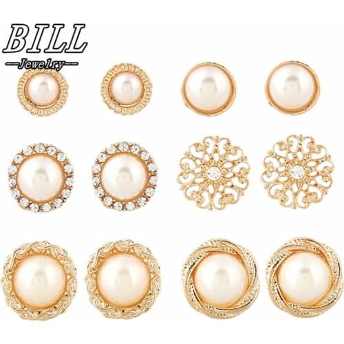 6 Pairs Stud Earrings Sets For Women Retro Ear Jewelry Simulated Pearls Crystal Hollow Flower Fashion OL Brincos Promotion