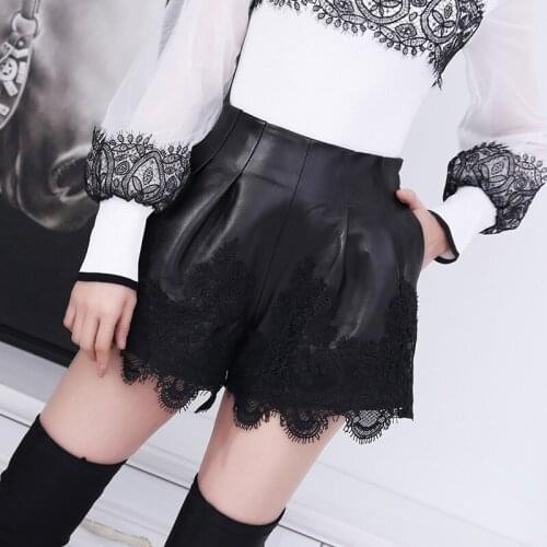 Arrival New Women Fashion Real Sheepskin Leather Shorts With Lace