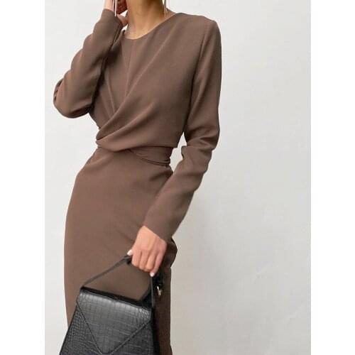Autumn Women Long Round Neck Folds Slim Dress