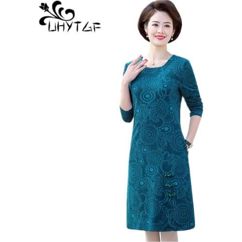 UHYTGF 5XL Plus Size dress women fashion print long sleeves Casual spring dress pullover elegant mom party dresses sukienki 1368
