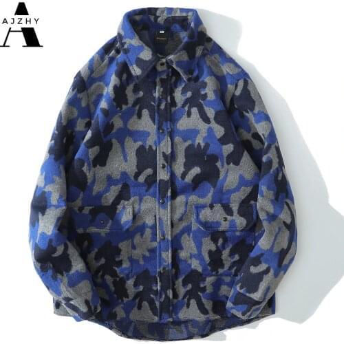 AJZHY Winter Mens Shirts Long Sleeve Thick Vintage Camouflage Flannel Oversized Streetwear Harajuku Japanese Fashion Jackets