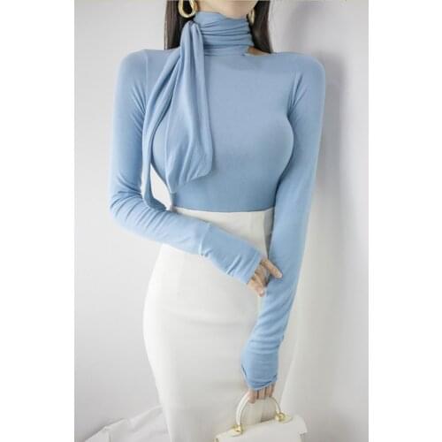 2021 spring new Korean slim slim high collar stand-up collar tie bottoming shirt long-sleeved T-shirt top