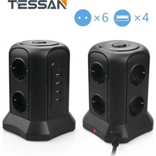 TESSAN Electrical Multi Sockets EU Plug Power Strip Tower with 6 Outlets 4 USB 2M/6.5ft Extension Cord Overload Protector Switch
