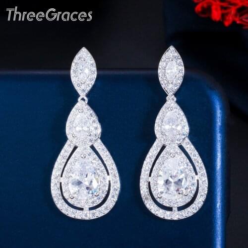 ThreeGraces Elegant Cubic Zirconia Long Water Drop Dangle Earrings for Women Fashion Silver Color Wedding Party Jewelry ER623