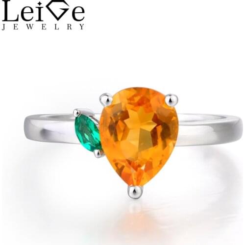 Leige Jewelry Natural Citrine Ring Engagement Ring Pear Cut Yellow Gemstone Solid 925 Sterling Silver Anniversary Gifts for Girl