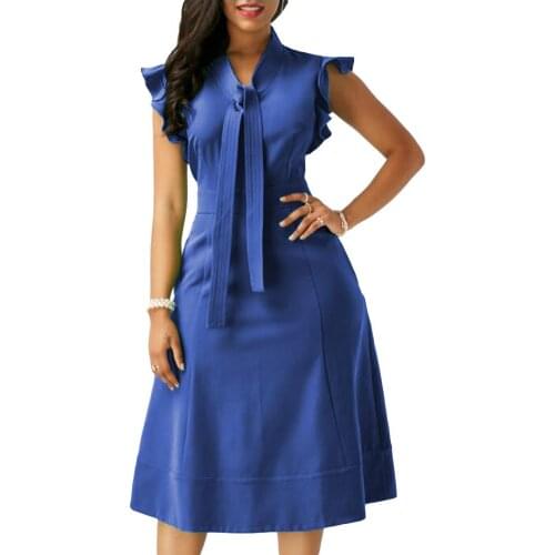 Evening Party Women Fashion Solid Color Tie Ruffled Fly Sleeve Slim Midi Dress Stylish and elegant