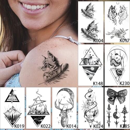 9pcs/Lot Waterproof Temporary Tattoo Sticker Cat Feather Cute Dog Panda Deer Flash Tatoo Woman Kid Child Body Art Fake Tato Man