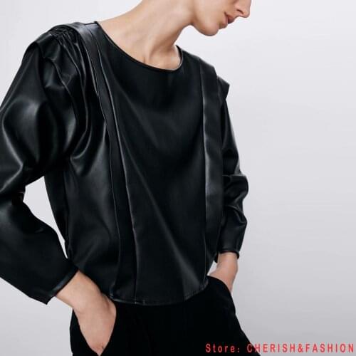 Vintage Stylish Ruffled Faux Leather Blouses Women 2021 Fashion O Neck Puff Sleeve Elastic Waist Female PU Shirts Chic Tops New