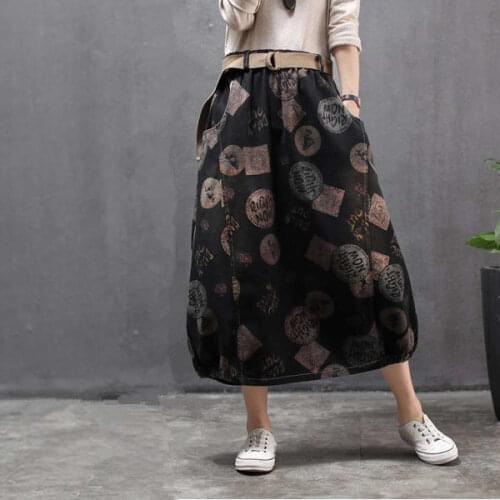 2021 New Spring/autumn Arts Style Women Loose Casual Vintga Print A-line Skirt All-matched Elastic Waist Cotton Denim Skirts