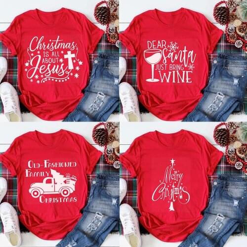 Merry Christmas Tree Printed T Shirt Women Graphic T-shirt Harajuku Tops Tee Cute Party Short Sleeve Tshirt Female Red Tshirts