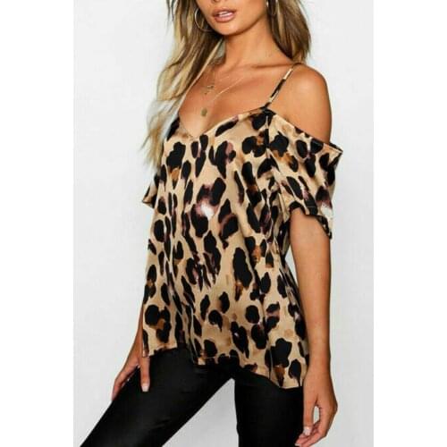 Womens Ladies Summer Tshirt Leopard Print Cold Shoulder T-shirt Tops Sexy Backless Tshirt Camisetas Verano Mujer 2021 #PY