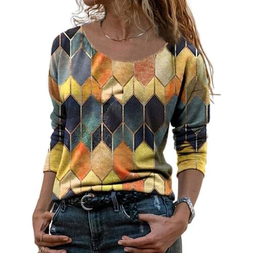 Vintage Women Blouse Cotton Blends Long Sleeve O Neck Geometric Hexagon Print shirt Blouse Top Street wear ropa de mujer 2021