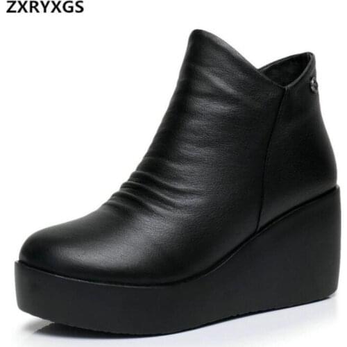 Top Cowhide Spring Shoes Platform Wedges Women Boots 2021 New Winter Leather Boots High Heels Women Ankle Boots Warm Snow Boots