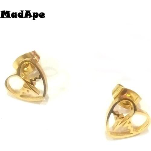 MadApe Fashion Heart Stud Earrings ECG Earrings Stainless Steel Gold Color Women Earrings For Girl Valentines Day Gift