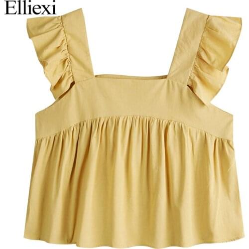 Elliexi Cotton Summer Elegant flying sleeves Tops Causal Round neck Top Holiday Beach Short Woman Short Tops Pleat 2021 New