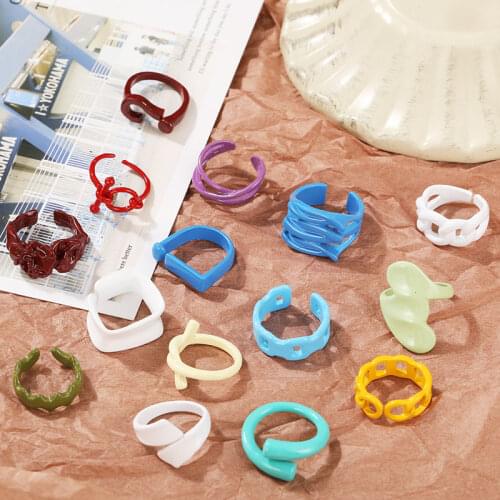 2021 New Trendy Hand-painted Candy Color Dripping Oil Geometric Chain Rings for Women Multicolor Irregular Open Rings Jewelry