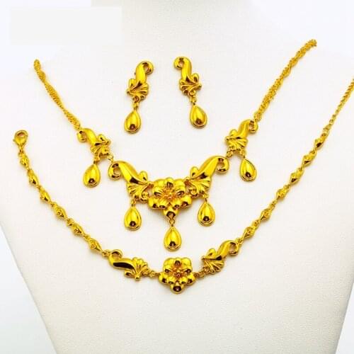 Golden Flower Classic Bridal Jewelry Set Yellow Gold Filled Womens Necklace+Bracelet+Earrings Set