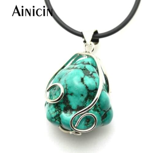 10PCS Natural Green Howlite Rock Stone With White Copper Wrapped Pendants 16'' Blue Rubber Chain Necklace For Men And Women