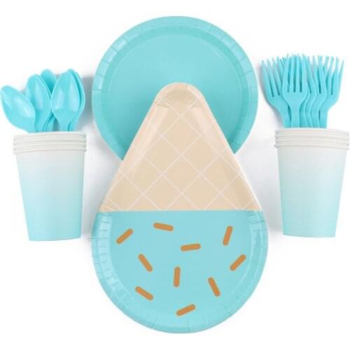 40Pc/Set Blue Ice Cream Theme Disposable Tableware Birthday Decoration Baby Shower Plates Napkin Forks Tablecloth Party Supplies