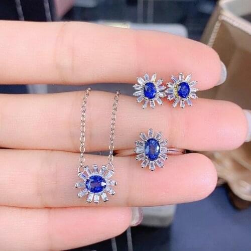 KJJEAXCMY fine jewelry 925 sterling silver natural sapphire women fresh trendy flower gem earrings ring pendant necklace suit su