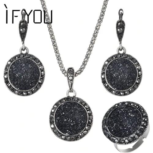 IF YOU 1Set Crystal Black Water Drop Necklace Stud Earrings Ring Fashion Elegant Jewelry Set For Women Party Wedding