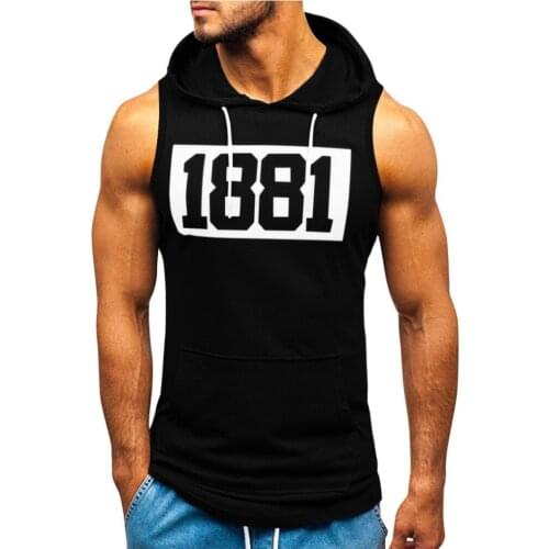 Summer Hoodie Vest Men Fitness Muscle Letter Print Sleeveless Hooded Bodybuilding Pocket Tight-drying Tops Gym Clothing Vest #35