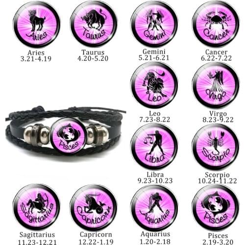 12 Zodiac Constellation Bracelet Alloy Button Wrap Multilayer Leather Bracelet Charm Men Women Bangle Bracelet Birthday Gift