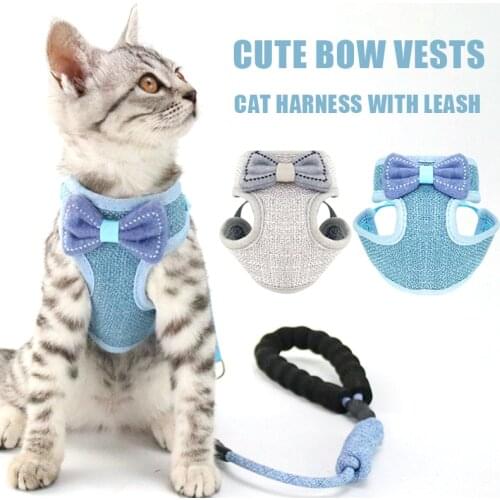 Nylon Cat Dog Harness with Leash Anti-Breakaway Pet Collars Cute Bow Vests for Small Medium Dogs Cats Breathable Mesh Puppy