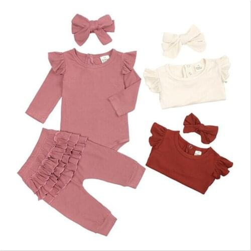 Baby Girls Suit for Childrens Clothes Set Newborn Kids Solid Color Fine Pit Strip Flying Sleeve Romper Pleate Trousers Headband