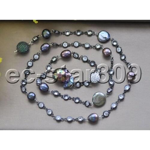 P7437 30" 26mm Black Keshi & Baroque & Coin & Rice Pearl Necklace CZ Chain Choker Women jewelry