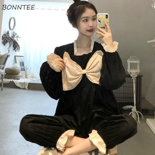 Pajama Sets Women Square Collar Bow Patchwork Sweet Kawaii Girls Soft Warm Winter Home Wear Loose Korean Style Casual Chic Ins