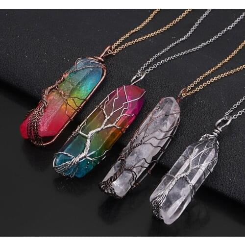 Vintage Irregular Natural Stone Crystal Pendant Necklace Women Men Wire Wrap Pendants Pendulum Gems Rainbow Jewelry