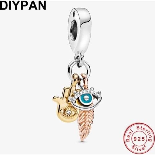 Hamsa All-seeing Eye & Feather Spirituality Dangle Charm Fit Original Pandora Charms Silver 925 Bracelet Silver Jewelry Berloque
