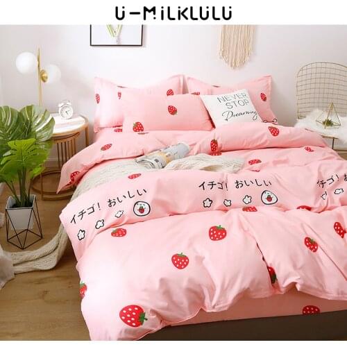 Strawberry Bedding Set Pink Sheet Set Single Double Queen King Size Elastic Duvet Cover Pillowcases Kawaii Bed Comforters