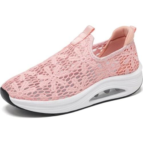 Women Wedges Lace Mesh Breathable Sandals Summer Slip On Sneakers Hollow Out Platform Outdoor Walking Shoes Casual