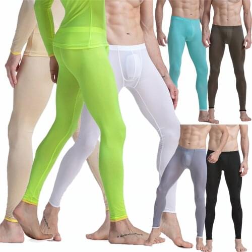 Sexy Mens Long Johns Ice Silk Trousers Seamless Underwear Penis Pouch Sleep Bottoms Fitness Sport Jogging Pants Stretch Leggings