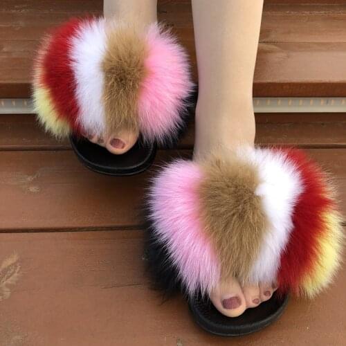 Womens Fox Fur Slippers Ladies Fashion Fluffy Furry Flat Shoes Female Outdoor Casual Flip Flops Luxury Soft House Plush Slides