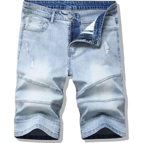 Summer New Beach Casual Men Shorts Straight Ripped Knee Length Pants Drawstring Loose Hole Male Short Jeans