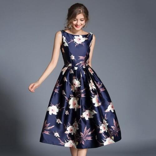 Blue Tank Dresses Women 2018 Floral Printed Slash Neck Vestido de Festa Sleeveless Backless Dress Feminino Plus Size Robe N609YS
